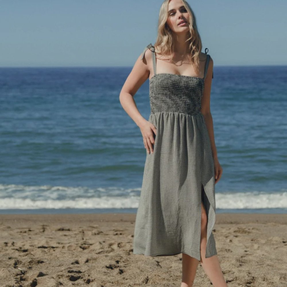 Whimsy + Row Grey Smocked Midi Dress with Side Slit